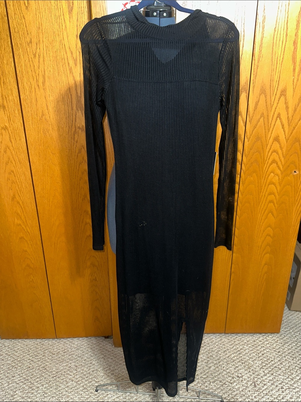 Express Black Sheer Ribbed Long-Sleeve Maxi Dress
